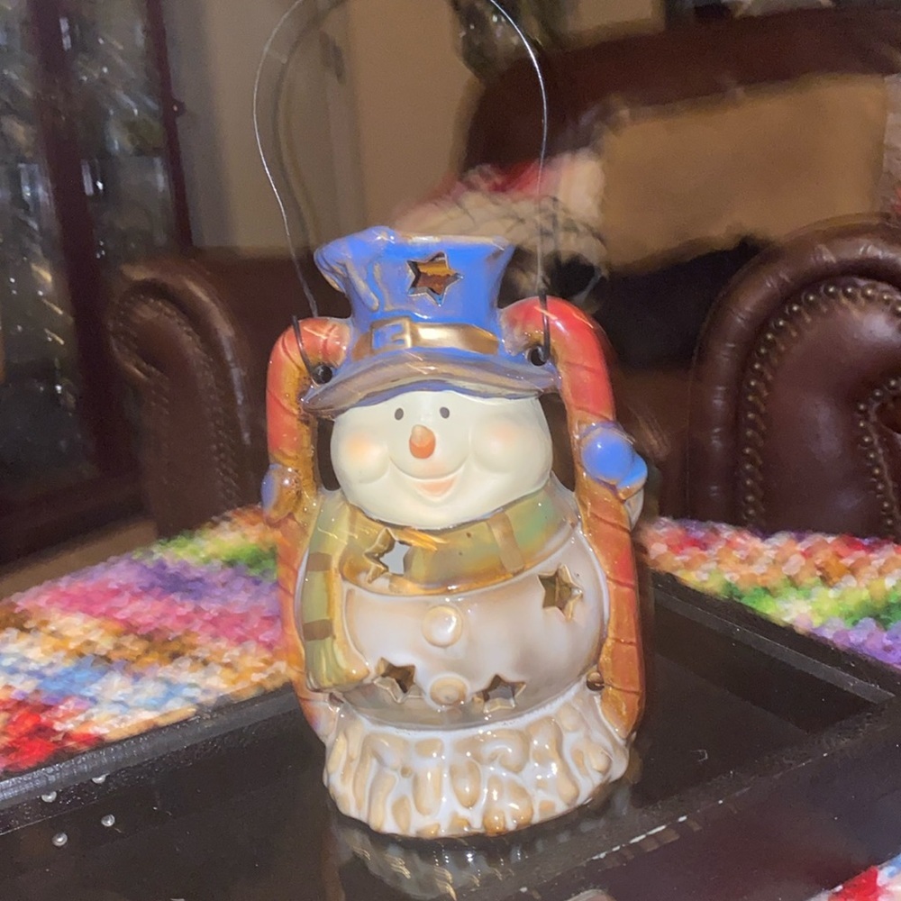 Snowman Holiday Ceramic Lantern Tealight & Short Candle Holder w/ Wire Handle
